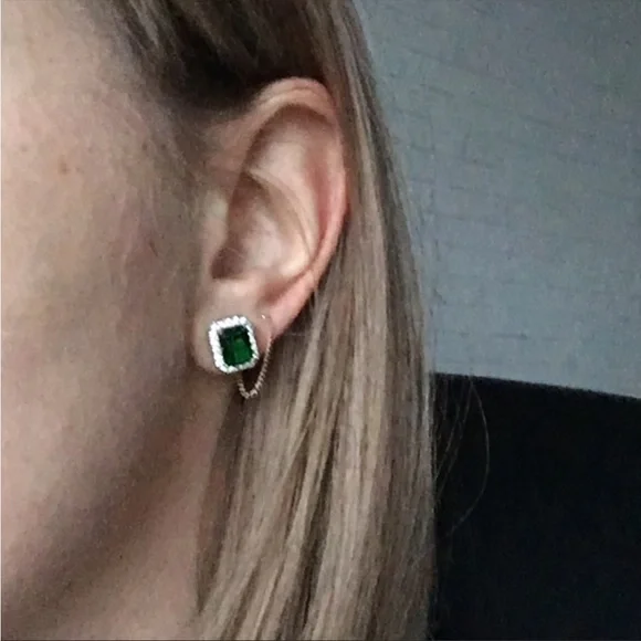 New Women’s 925 Silver Lovely Rectangle Cut Green Emerald Earrings - Picture 4 of 4